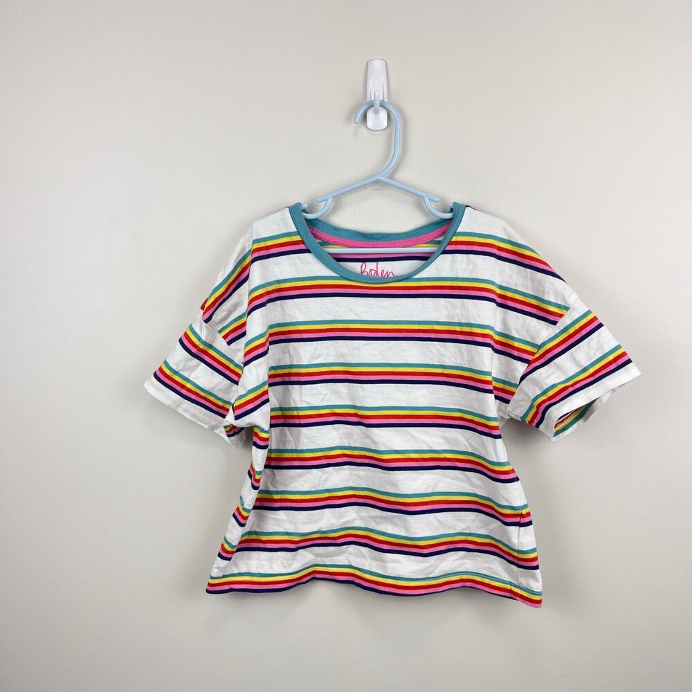Mini Boden Relaxed Crop T-Shirt Rainbow Spaced Stripe 9-10